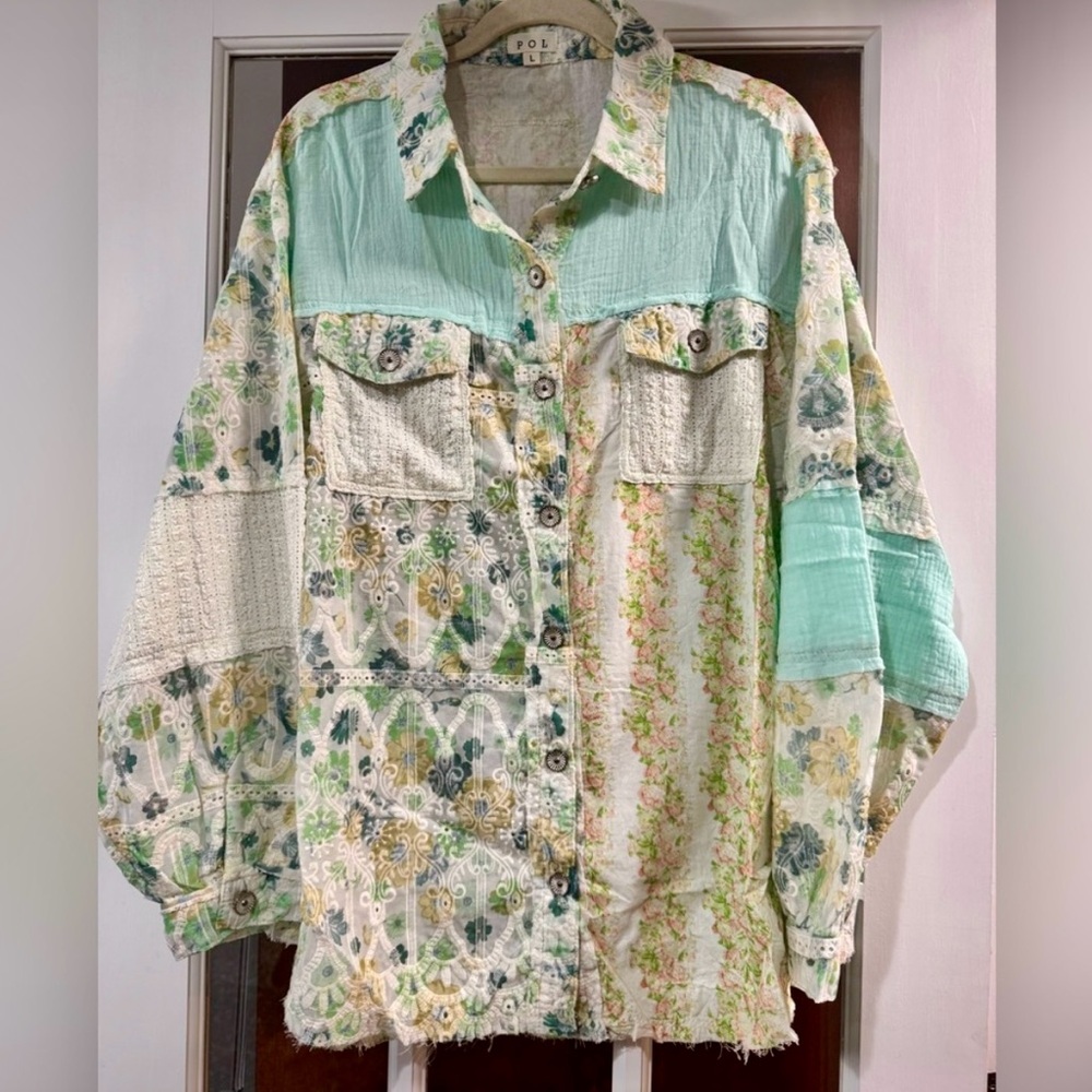 New POL Floral Patchwork Button-Up Shirt Coastal Cowgirl Cottagecore Whimsical